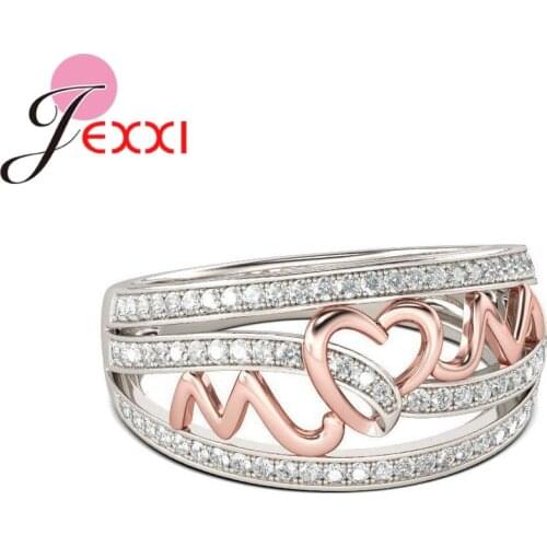 925 Sterling Silver Rings Rose Gold MOM Cubic Zirconia Inlay Paved Family Love Jewelry for Girls Ladies Women Fashion Gifts