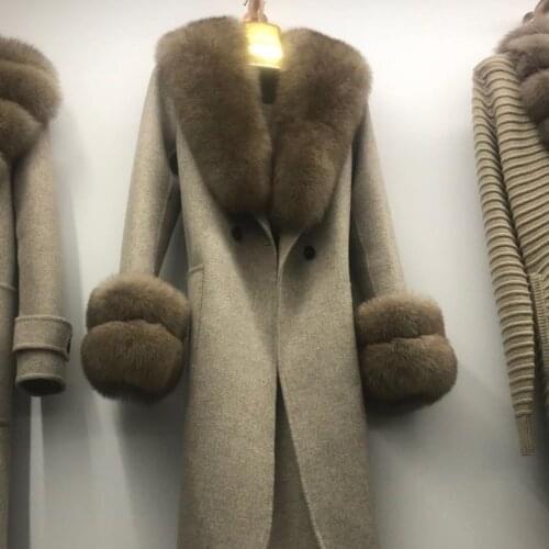 Women wool long coat with fox fur collar coats woolen womens with fox fur cuffs outwear luxurious plus size 2020 fashion