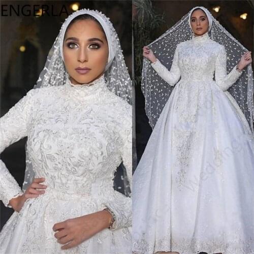 Robe de mariee Custom Made High Neck Long Sleeves Muslim Wedding Dresses 2021 Luxury Princess Lace Ball Gown Wedding Gowns