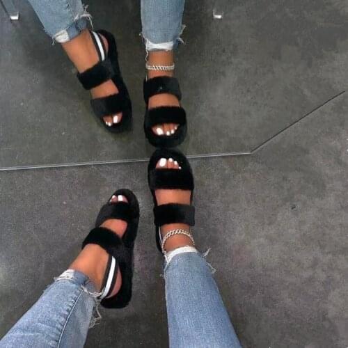 2020 Winter Double-layer Fox Fur Comfortable and Casual All-matched Strap Slippers Outdoor Flat-bottomed Non-slip Women Sandals