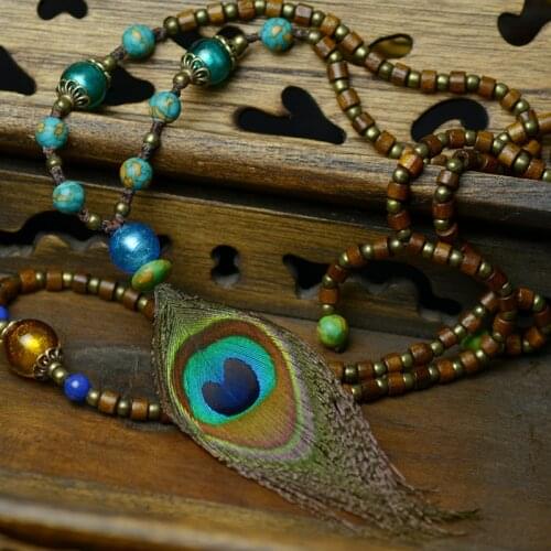 Ethnic Jewelry national Thailand glass crystal and stones bohemian peacock feather necklace,fashion statement necklace