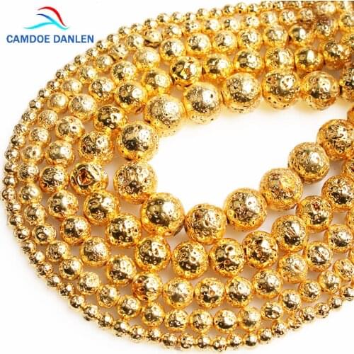 CAMDOE DANLEN Natural Rock Stone Bright Plated Gold Lava Volcanic Round Loose Beads 5 6 8 10 12 MM Fit Diy Beads Jewelry Making