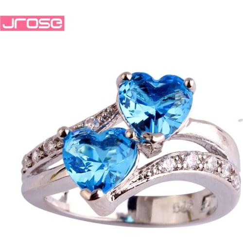 JROSE Wholesale Heart Shape Natural Blue White Cubic Zirconia Silver Color Ring Size 6 7 8 9 10 11 12 Anniversary Wedding Ring
