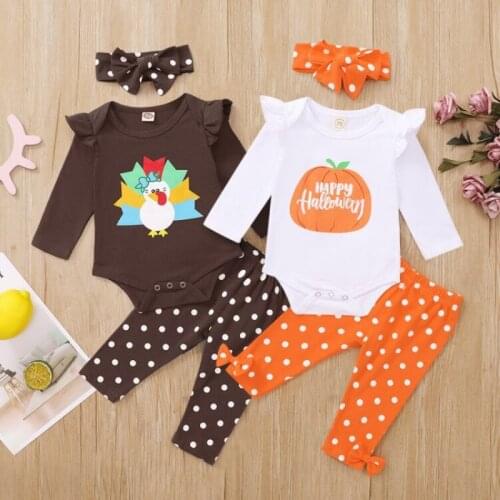 3Pcs Baby Clothes Set Girl Boy Cartoon Letter Print Halloween Outfits Sets Autumn Children Cotton Romper Trousers Headband