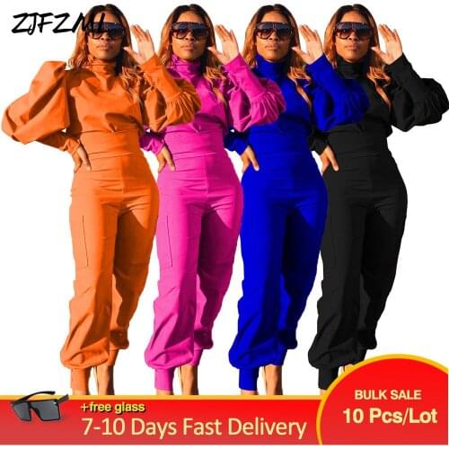 Bulk Items Wholesale Lots Womens Sweatsuit Sense of Design High Necked Puff Long Sleeve Top and Loose Pant Early Autumn Suits