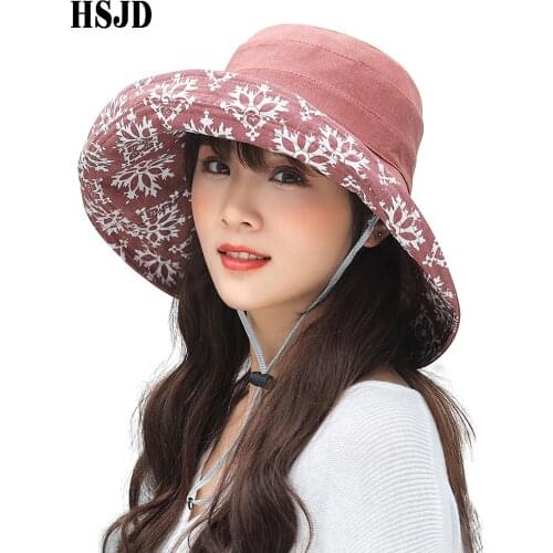 Summer Women Snowflake Double-sided Linen Cotton Sun Hats Panama Female Foldable Bucket Cap Large Wide Brim Anti-UV Beach Hat