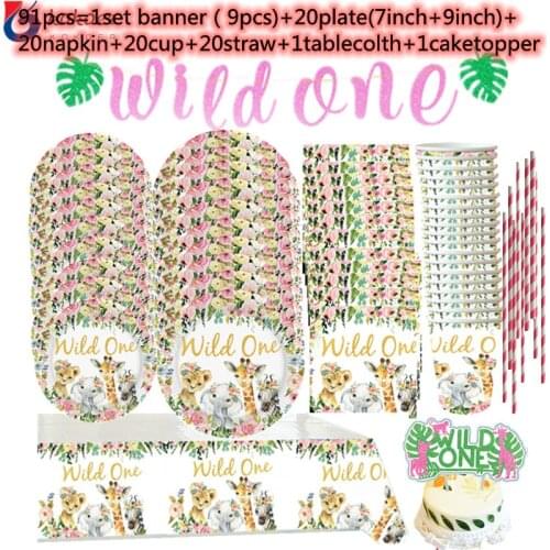 1set Pink Wild One girl 1st Birthday Party Theme Tableware Paper Plates Cup Jungle Safari Party Supplies baby Shower kids Dec