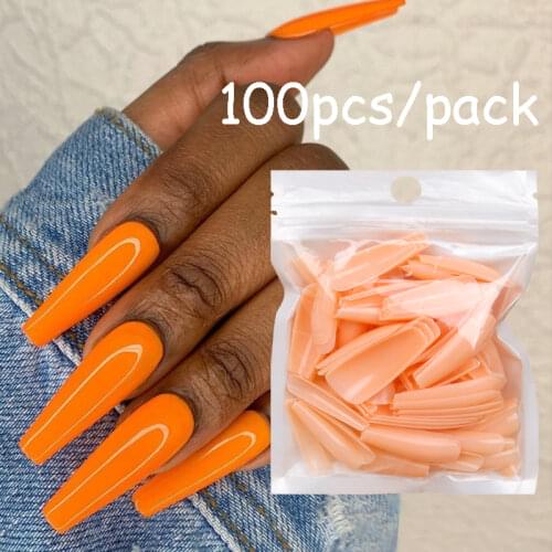 100Pcs Solid Color False Nail Long Ballerina Press on Full Cover Fake Nails Extension Acrylic Manicure Natural Nail Art Tips