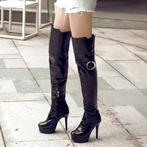 Platform Square High Heel Women Knee High Boots Fashion Zipper Women Boots Faux Leather Winter Shoes Black White Large Size34-43