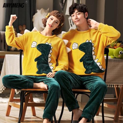 Big Size Couples Pajamas Loose Size 3xl 4xl 5xl Man and Womens Matching Cartoon Embroidery Flannel Winter Warm Sleepwear Lover