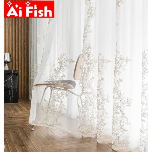 Luxury Embroidered Tulle Curtains for Living Room Wedding Sheer Gold Thread Delicate White Three-dimensional relief Voile M201-5