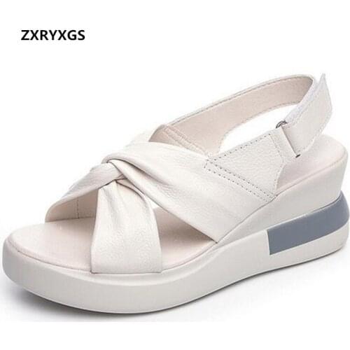 2021 Summer New Open Toe Bow Cross Genuine Leather Sandals Shoes Womens Sandals Wedges High Heel Sandals Trendy Sandals