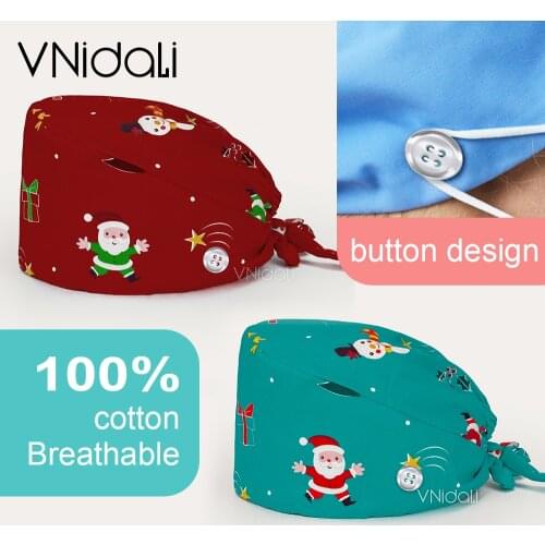 Christmas series woman scrub cap Unisex Scrubs Hats with Button Women Men Heart Printed Reuseable Hats Bandage Adjustable Caps