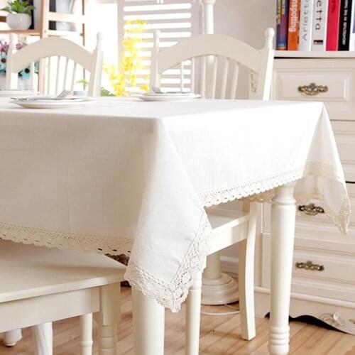 Modern Linen Cotton Tablecloth White Lace Edge Dining Table Tablecloth Washable Party Table Decoration Dining Room