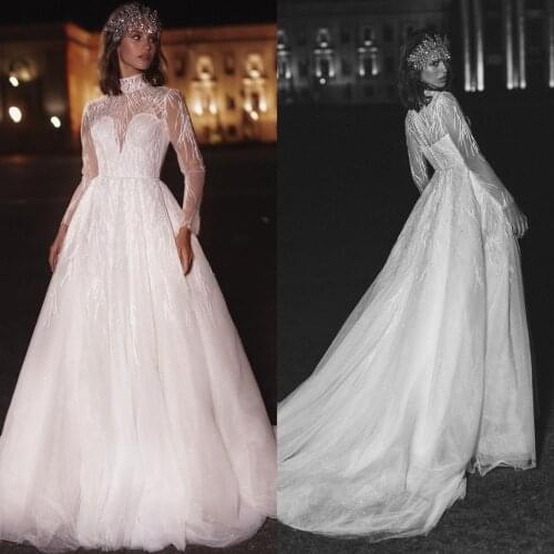 2021 Wedding Dresses High Collar Lace Beading Appliques Bridal Gowns Long Sleeves Button Back Wedding Dress Vestidos De Novia