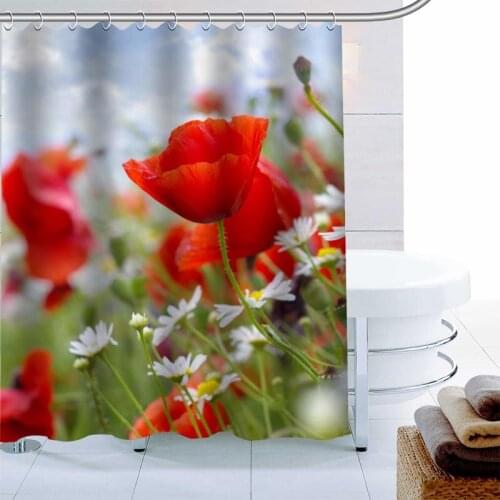 Poppy Flower Shower Curtain 12 Hook Polyester Fabric 3D Printing Bathroom Curtain Waterproof Mildew Proof Bath Curtain Decor