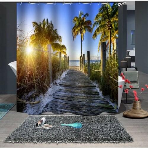 Custom Made Shower Curtain Bathroom Curtain Partition 1.5 x 1.8m 1.8 x 1.8m 1.8 x 2m Sea Beach Coconut Tree Road Sunset