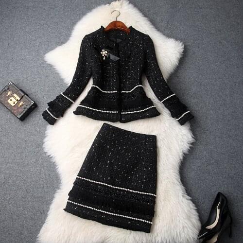European and American womens 2019 winter clothing new Long sleeve coat + Tweed beaded skirt two-piece suit