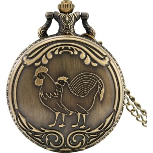 Bronze Rooster Hen Cover Display Quartz Pocket Watch White Dial Retro Pendant Fob Clock Vintage Couple Pocket Chain Clock Gifts