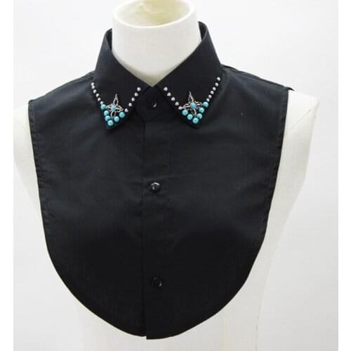 Women Handmade Beading Turquoise Lapel False Fake Collar Button Down Detachable Black Half Shirt Decorative Jewelry Dickey Blou