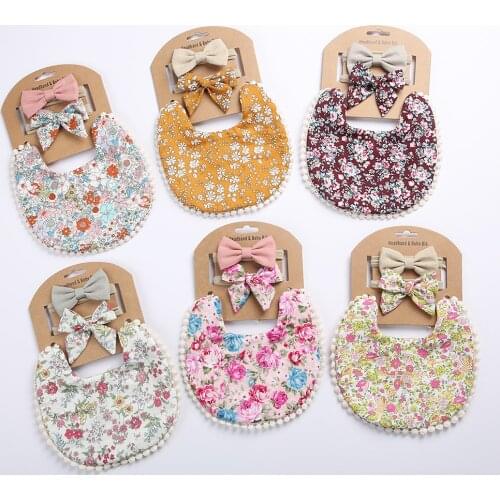 2/3Pcs Baby Bibs Headbands Set Bows Flower Printed Baby Girl Burp Cloths Soft Cotton Infant Toddler Apron Baby Feeding Stuff