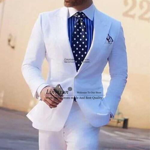 White Men Suits Slim Fit with Wide Peaked Lapel for Wedding Dinner Party Groom Tuxedos 2 Pieces Male Fashion Jacket Pants