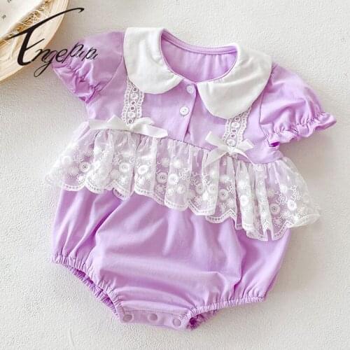 Engepapa Toddler Baby Girl Romper Lovely Doll Collar Lace Stitching Cotton Short Sleeve Summer Infant Baby Girls Jumpsuit