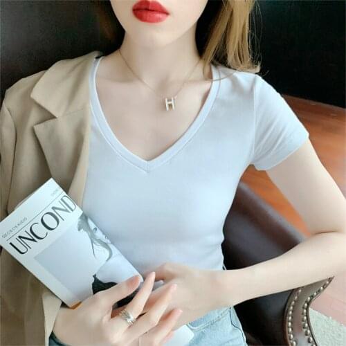 Explosive T-shirt Women Slim V-neck Pure Cotton Short High Waist Regular Pure Color All-match Thin T-shirt Women