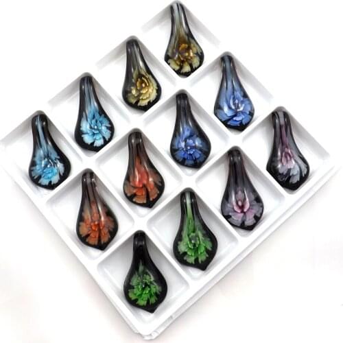Hyperbolic Long Drop Lampwork Art Glass Pendant With Flower 32x60mm 6Colors 12pcs/lot