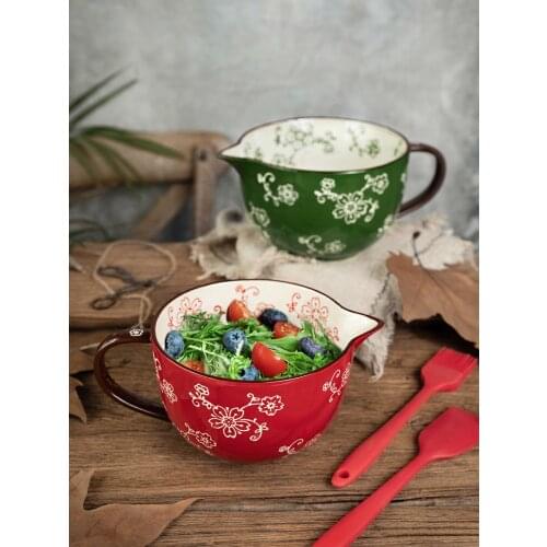 Cherry Handle Ceramic Egg Beater Bowl Milkshake Stir Bowl Sharp Spout Household Bake Salad Noodle Bowl