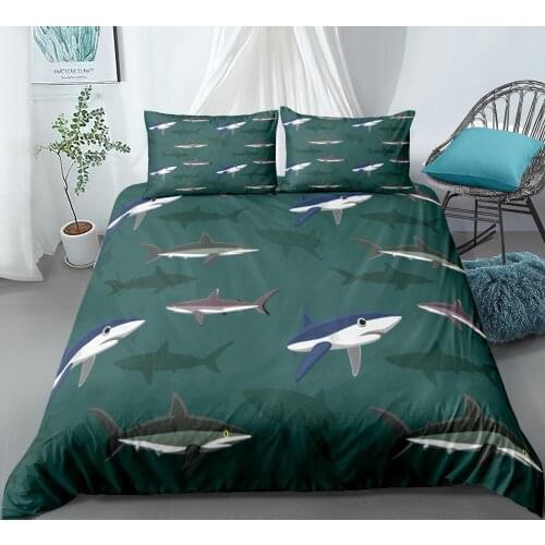 Green Shark Bedding Set for Kids Ocean Animal Duvet Cover Set Boy Fish 3D Digital Printing Bed Line King 100% Microfiber