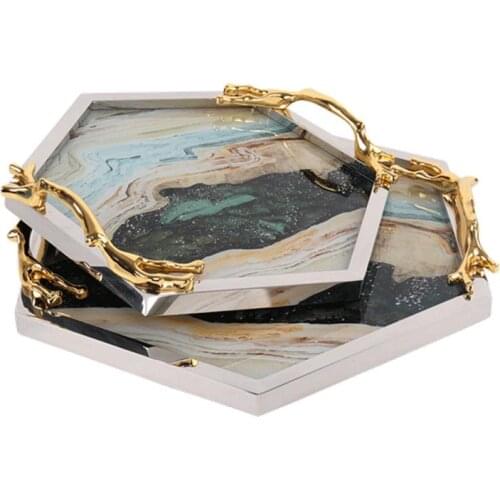 Jewelry Storage Box Tea Tray Glass Plates With Mountain Pattern Serving Tray Gold Edge Gift
