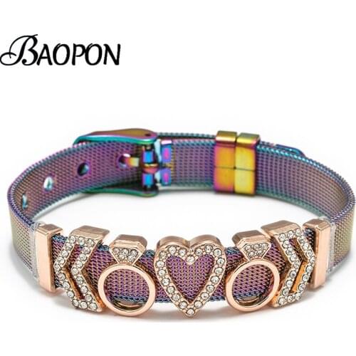 Colorful Stainless Steel Mesh Bracelets For Women Men Couples Lover Heart To Heart Crown Lock Charm Watch Belt Bangle Jewelry
