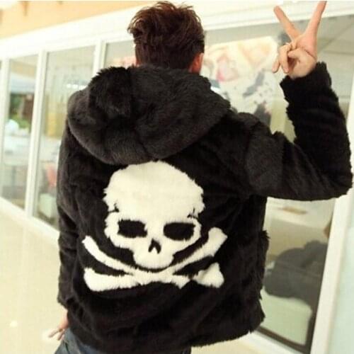 S/4Xl MenS Hooded Faux Fur Jackets Casual Skull Printing Fashion Winter Autumn Leather Grass Overcoats Plus Size Coats J3235