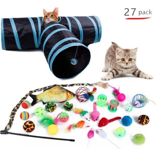 27Pcs/Set Pet Kit Collapsible Tunnel Cat Toy Tower Tracks Disc Feather Rope Balls Mice Fish Shape Pet Dog Cat Interactive Games