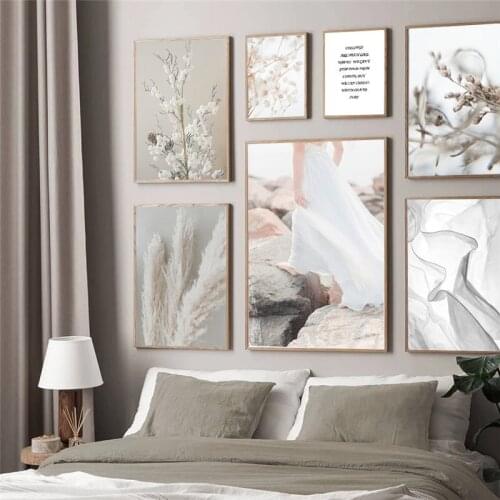 Canvas Painting Print Nordic Minimalist Art White Feather Wall Poster Dried Flowers Photography Picture Modern Home Decor