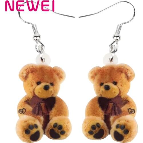 Newei Acrylic Sitting Brown Plush Teddy Bear Earrings Print Long Lovely Animal Dangle Drop Jewelry For Women Girl Kid Funny Gift