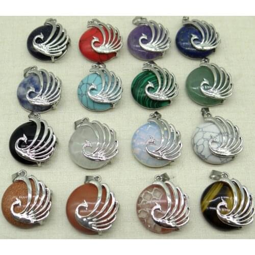 10pcs Natural Stones Quartz crystal lapis Round Pendant Plated Phoenix Surround Pendant For Jewelry Making DIY Reiki Necklaces