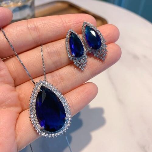 QTT Water Drop AAA CZ Luxury 925 Sterling Silver Blue Gemstone 8*16 Earrings 15*25 Pendant Necklace Wedding Jewelry Sets