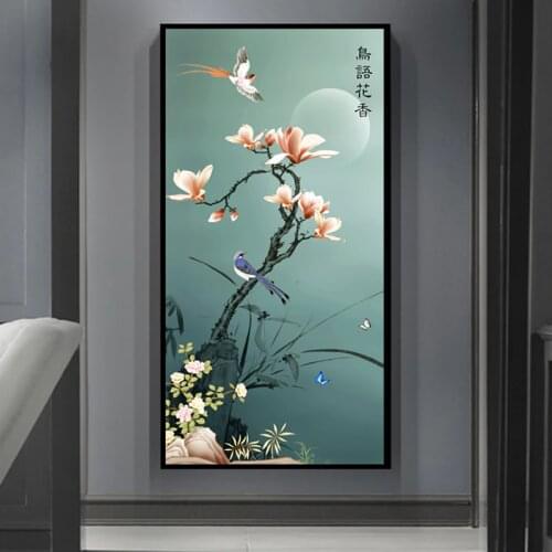 Needlework,DIY Orchid Magnolia Cross Stitch Set for Full Embroidery Kit,Birds Flowers Printed Pattern Cross-Stitch Wedding Gift