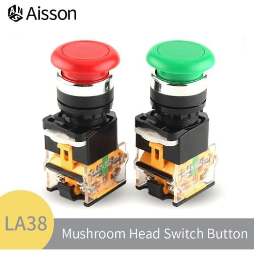 LA38 Self-Locking Self-Reset Mushroom Head Push Button Switch Momentary Maintained Installation Hole 22mm Red Green
