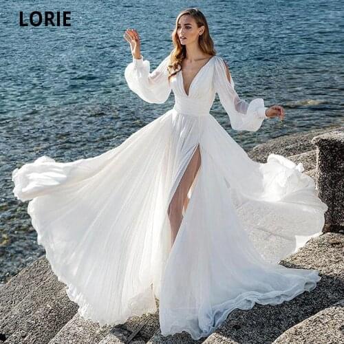 LORIE Beach Chiffon Wedding Dresses White 2020 Long Puffy Sleeve V-neck High Slit Bridal Gowns Open Back Wedding Party Dresses