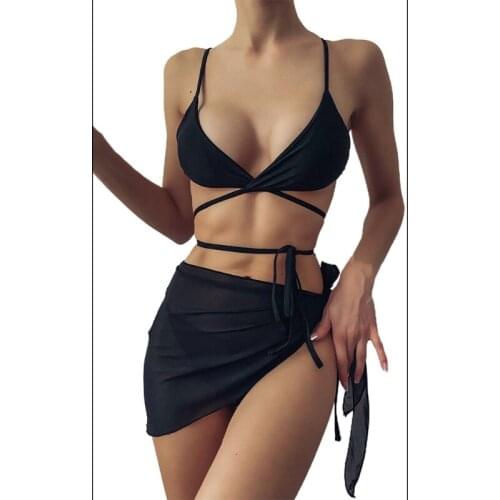 Sexy 3pcs Swimsuit Set Women Black Cross Front Bikini with Sarong Cover Up Skirt