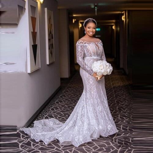 Aso Ebi Full Lace Wedding Dress Long Sleeves Sheer Neck Plus Size Nude Lining African Mermaid Bridal Dress vestidos de novia