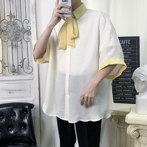 VERSMA Korean Chic Tie Attached Oversize Short Sleeve Shirt Men Women Summer Vintage Hawaiian Transparent Shirt Men Dropshipping