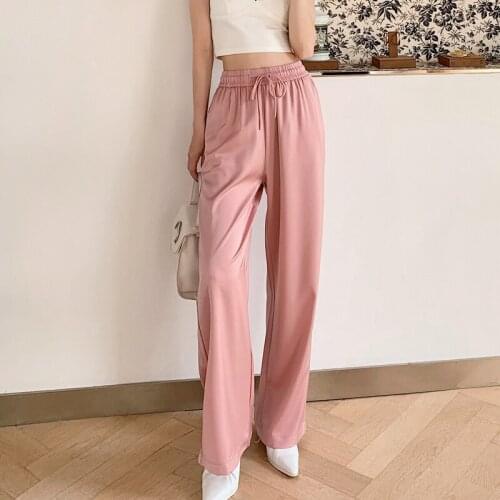 WWENN Womens Loose Summer Pants Soft Acetate Long Length Black Wide Leg Thin Pants Women Elastic Waist Trousers Plus Size Pink