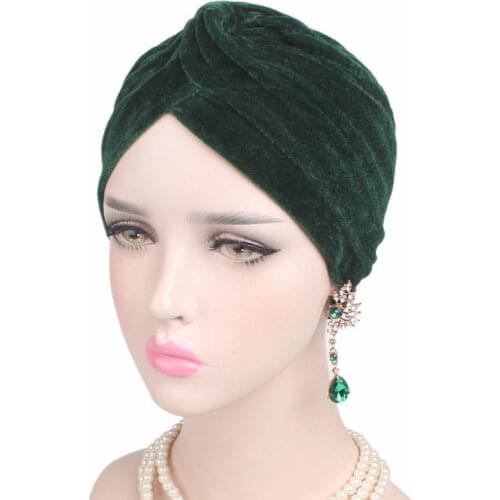 Fashion Casual Stretch Women Hat Indian Bonnet Gold Velvet Headwrap Turban Hat Women Solid Color Muslim Chemo Cap High Quality