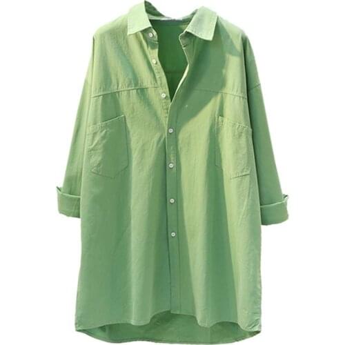 Women Long Blouse Women green Blue Office Ladies 100% Cotton Shirts Casual Cotton Blouse Fashion Blusas Femininas