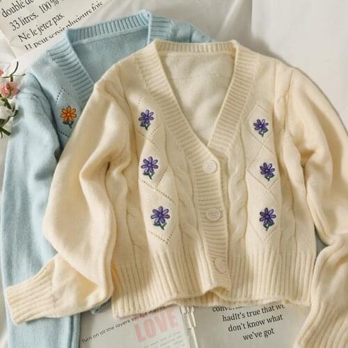 Sweater Women Knitted Cardigans Korean version embroidered Short Ladies V-Neck Single-breasted Sweater Cardigan Knitwear Top