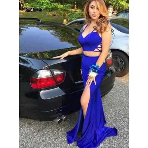 Royal Blue 2 Piece Prom Dresses Long 2021 Spaghetti Straps High Split Side Formal Evening Dress Robe De Soiree